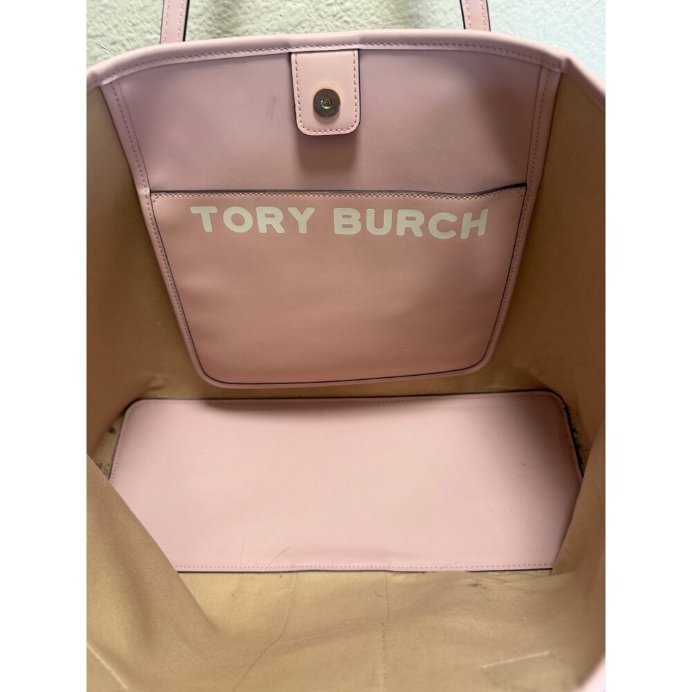 Tory Burch Pink Leather Tote Bag With Canvas Interior And Snap Closure - Picture 6 of 9